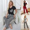 Summer Sleeping Suit for Women 2 Pieces Pajamas Set V Neck Short Sleeves Heart Printed Shirts and Plaid Long Pants Leisure Home Wear Nighty