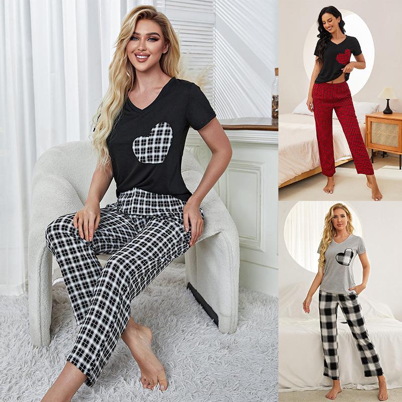 Summer Sleeping Suit for Women 2 Pieces Pajamas Set V Neck Short Sleeves Heart Printed Shirts and Plaid Long Pants Leisure Home Wear Nighty