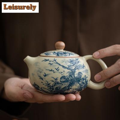 230ml Retro Ru Kiln Porcelain Xishi Teapot Elegant Flower And Bird Ink Pot Household Tea Soaking Kettle Cha Supplies Collection