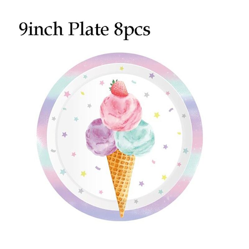 Ice Cream Birthday Party Decoration Kids Toy Baby Shower Disposable Tableware Paper Plates Cups Balloons Flag Party Supplies