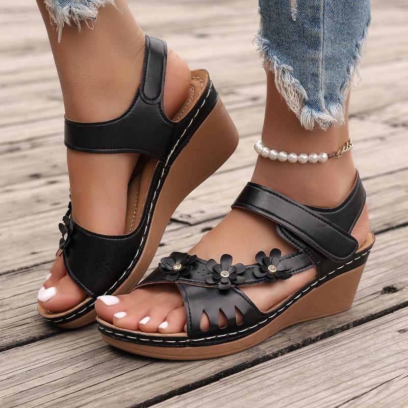 Large size wedge heel sandals women's summer new hollow flower thick sole one-word sandals beach women's sandals