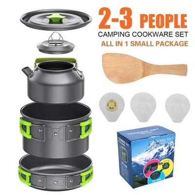 Tragbares Outdoor-Kochgeschirr-Set aus Aluminium, Topf, Pfanne, Wasserkocher, Kochwerkzeug für Camping, Wandern, Picknick, Reisen