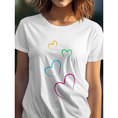 European Size Wo AllSeason Fashion Classic TShirt Rainbow Hearts Design Tee White Short Sleeve