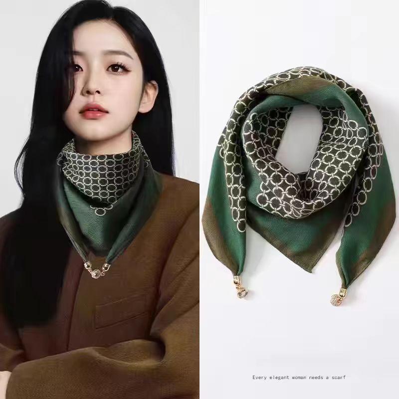 2025 New Fashion Magnetic Button Silk Scarf Women Small Square Scarf Autumn Winter Warm Anti Cold Scarf