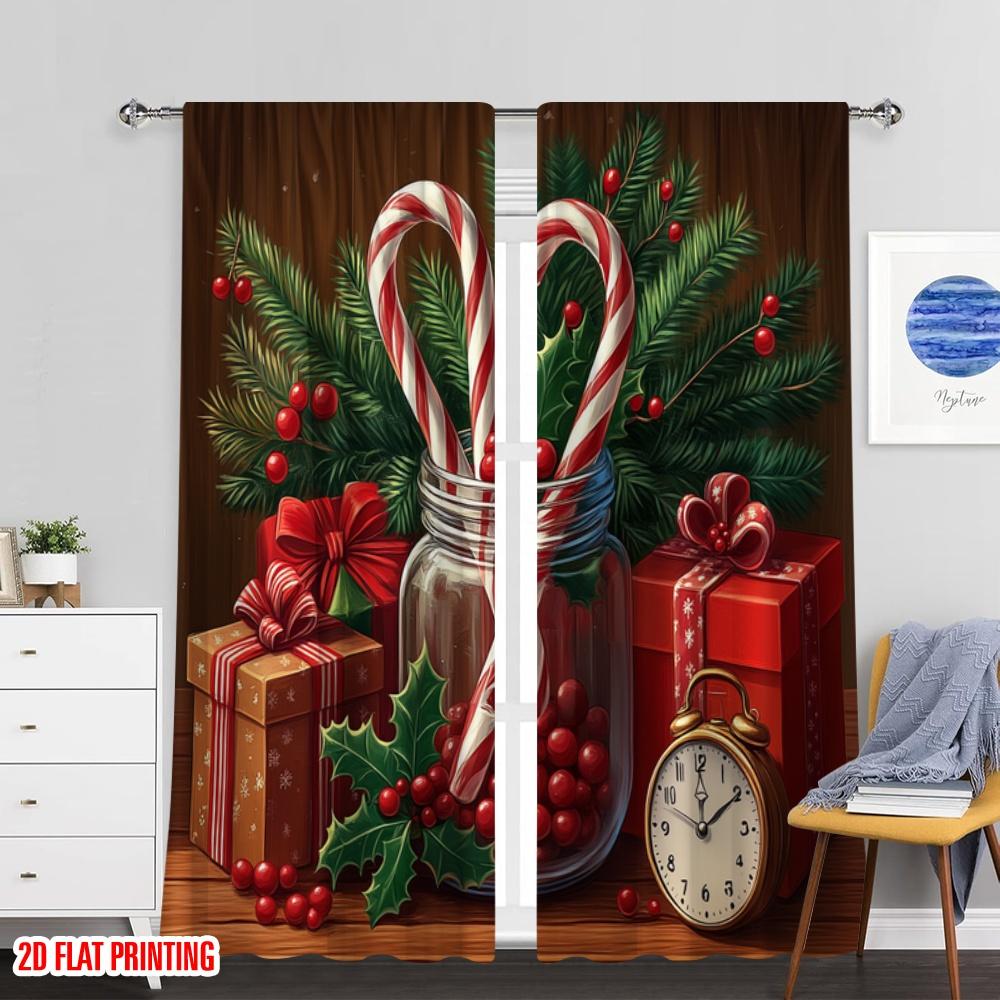 Plane Printing Curtain Popular Christmas Candy Canes Holly Gift Polyester Fabric Without Rod Decorations Outdoor Curtains Set Of 2 Made