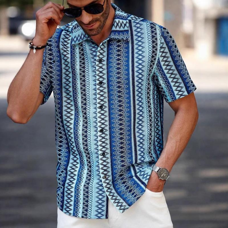 Camicia da Uomo a Maniche Corte con Stampa Geometrica Azteca, Bottoni, Casual, Estiva, da Spiaggia