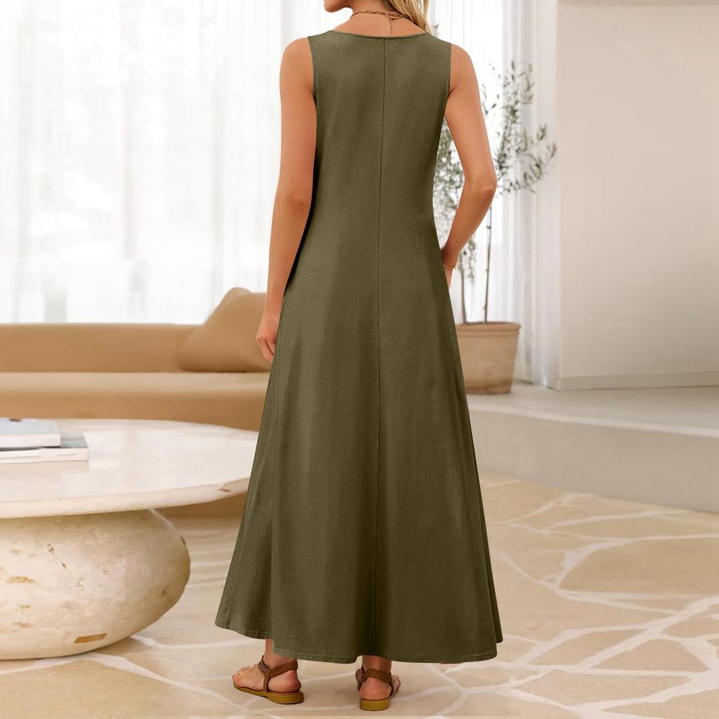 Damen ärmelloses Maxikleid lässig lockere Passform Rundhals elastisch Strandurlaub Basic langes Kleid
