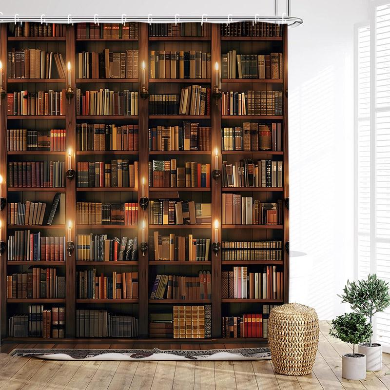 Vintage Bookshelf Shower Curtain Retro Book Green Plant Leaves Modern Fabric Home Wall Hanging Bathroom Curtain Decor with Hooks