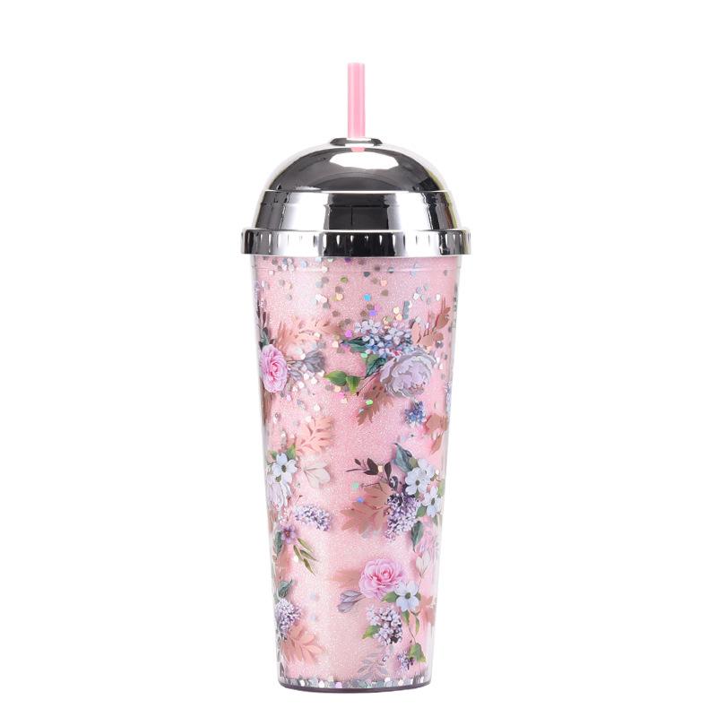 24Oz Straw Cup Leopard Print Magic Semi-Round Cover Water Cup Large Capacity Portable Double Layer Plastic Cup