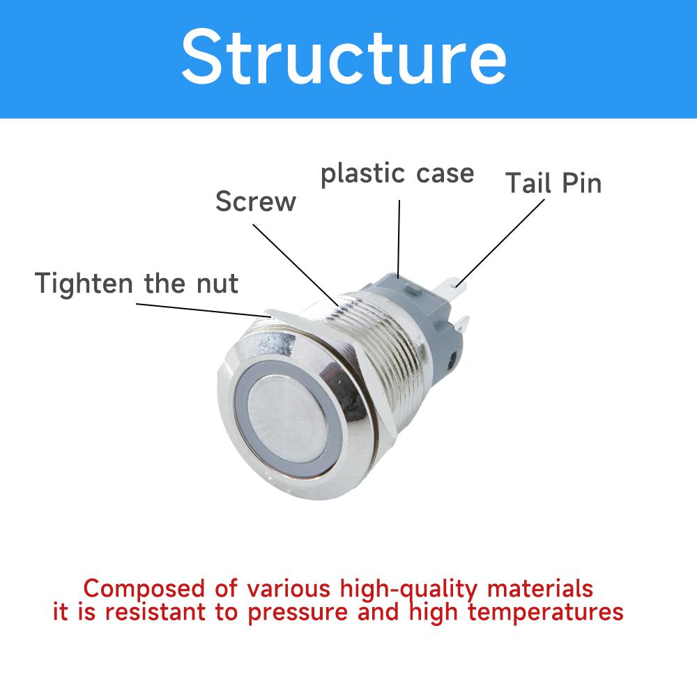 12mm 16mm 19mm 22mm metal push button on off switch self reset power lock LED light Waterproof Flat circular button 3-220v ip65