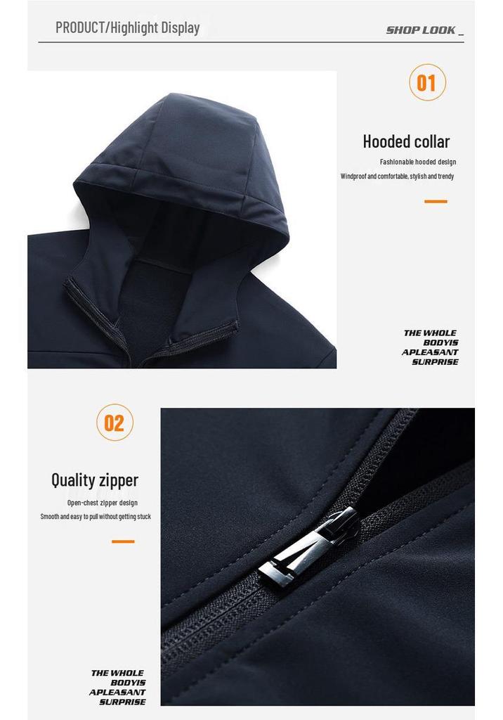 Men's Soft Shell Hooded Windbreaker Jacket - Warm, Breathable, Comfortable, and Trendy for Business Casual or Outdoor Activities.