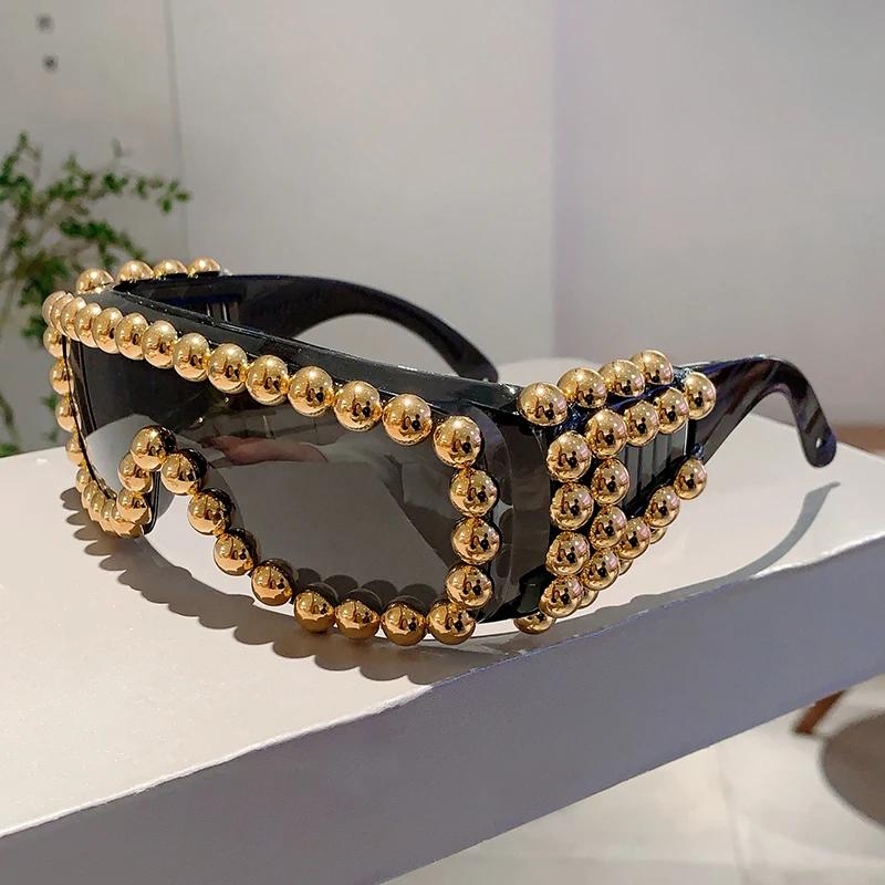 Women Chic Pearls Warp Around Sun Glasses Stylish Candy Color Decor Shades Original Brand Design Travel Holiday Goggle
