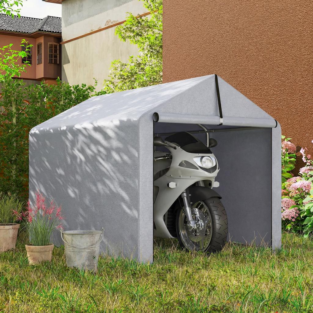 Garden Shed Storage Tent, Motorcycle Shelter, Roll-Up Door, 162 x 221.5 x 163 cm, Light Grey