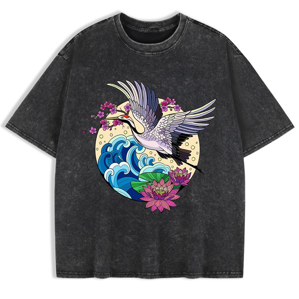 

Cranes Enjoy Blooming Flowers Washed T-Shirts Mens Cotton Oversize T Shirt Casual O-Neck Short Sleeve Tops Clothes XL