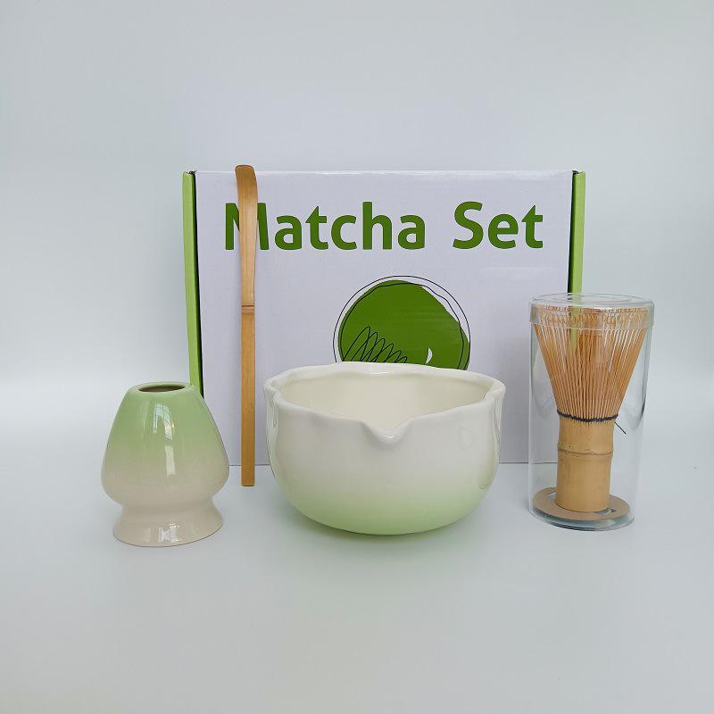 Japanese Ceramic Matcha Tool Set: Spout Bowl & Hundred-Bristle Whisk for Tea Ceremony
