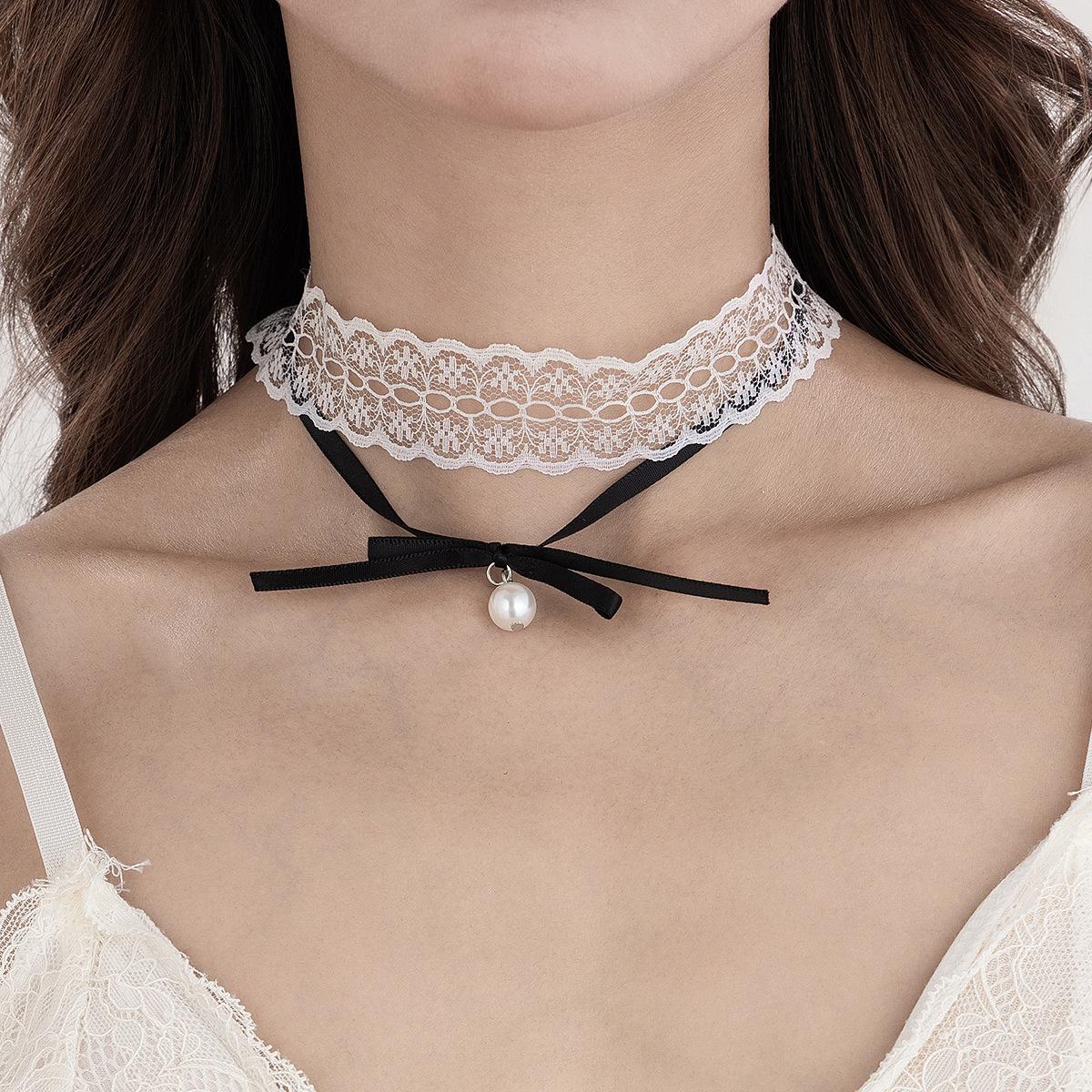 Сладкий Бант Белое Кружево Двойная Цепочка Ожерелье Чокер Простая Лента Узловой Воротник Женская