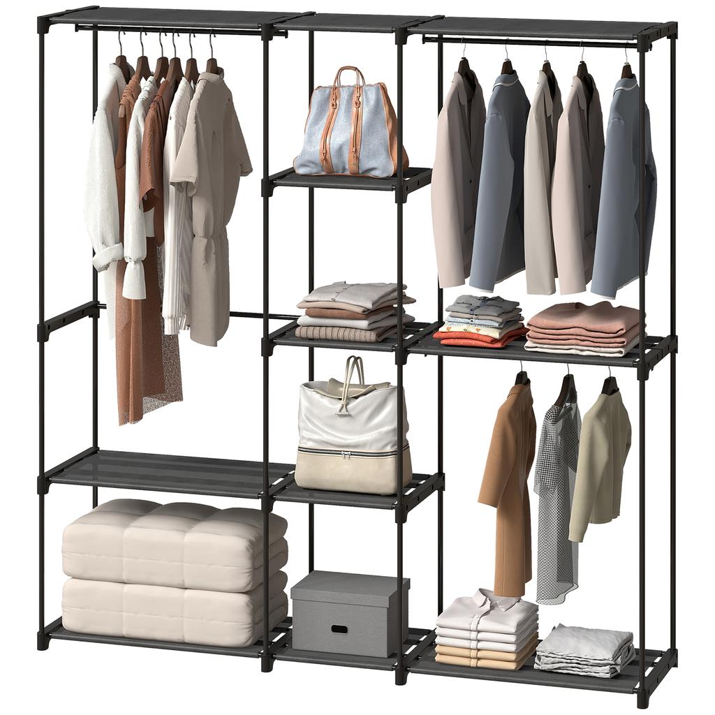 Portable Wardrobe, Open Clothes Wardrobe with 8 Shelves, 3 Hanging Rails, Black
