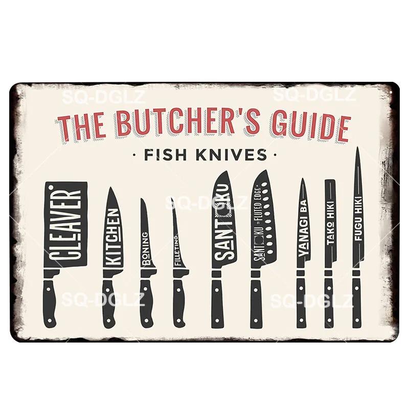 Hisun Tin Sign Vintage Butchers Guide Meat Cuts Metal Tin Sign Set Retro Butcher Shop BBQ Wall Art Decor for Kitchen Restaurant Bar Rustic Iro
