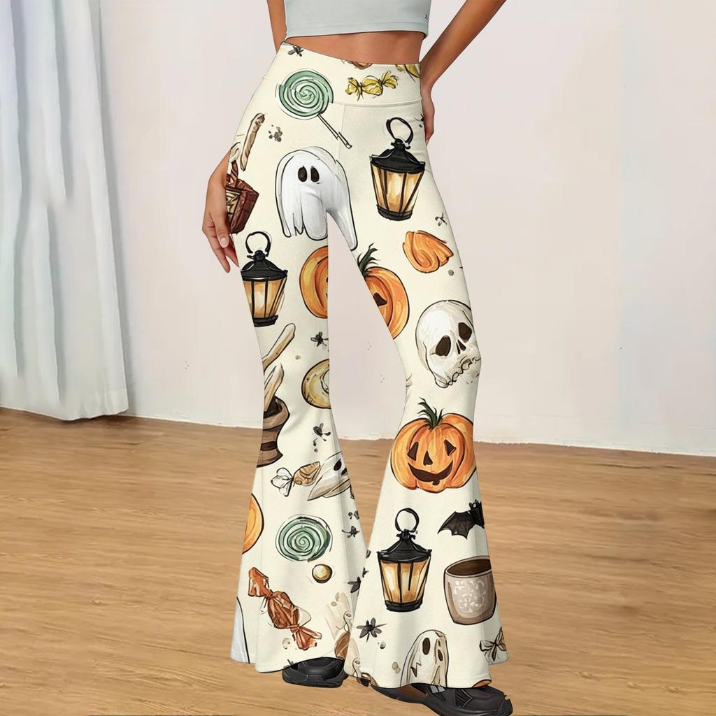 Women's Halloween Print Yoga Pants - Flared Leggings, Casual Stretchy Bell Bottom Pants for Women, for Yoga, Daily Wear and Party