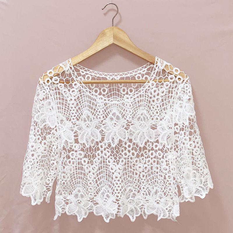 Damen Französischer V-Ausschnitt Häkelstrick-Cardigan - Schicke Sommermode, Figurschmeichelnde Lockere Passform, Vielseitiges Oberteil One Size white