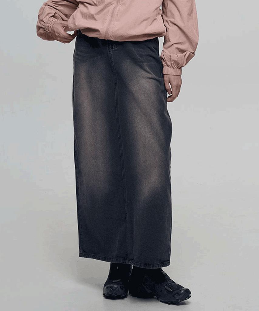 Chix Vintage Washed Denim Long Skirt Black Denim