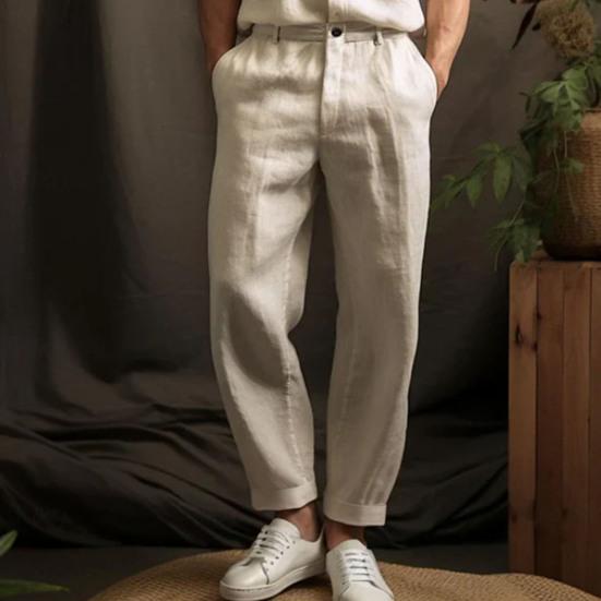 Men's Straight Leg Pants Solid Color Casual Trousers Breathable Loose Fit Pants with Reinforced