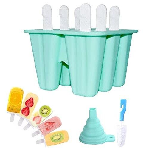 6-Compartment Silicone Popsicle Molds Set with Funnel & Cleaning Brush, Easy Release Reusable BPA Free Ice Pop Molds, Green