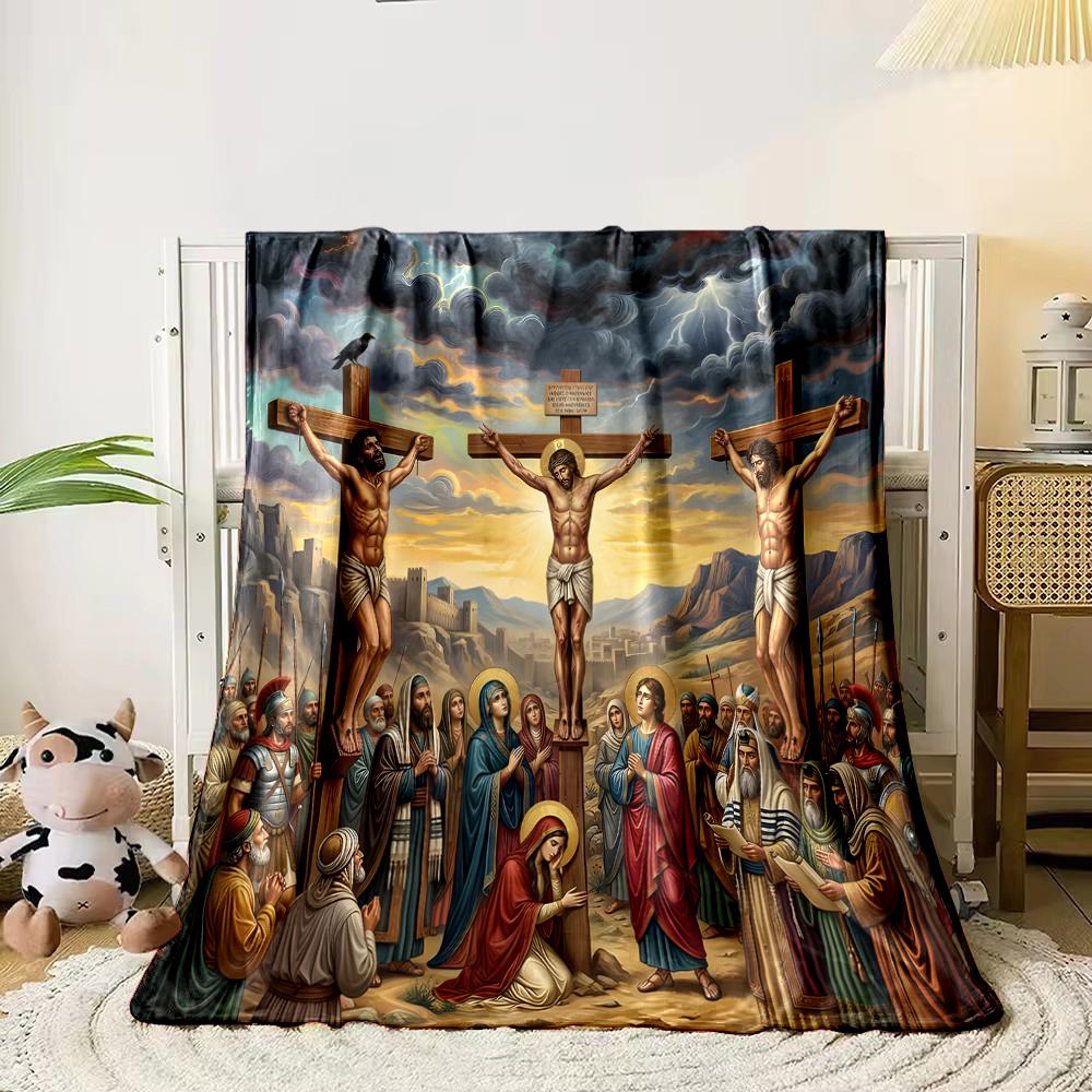 Crucifixion Scene with Biblical FiguresFlannel blanket for bedroom, living room, sofa, and nap