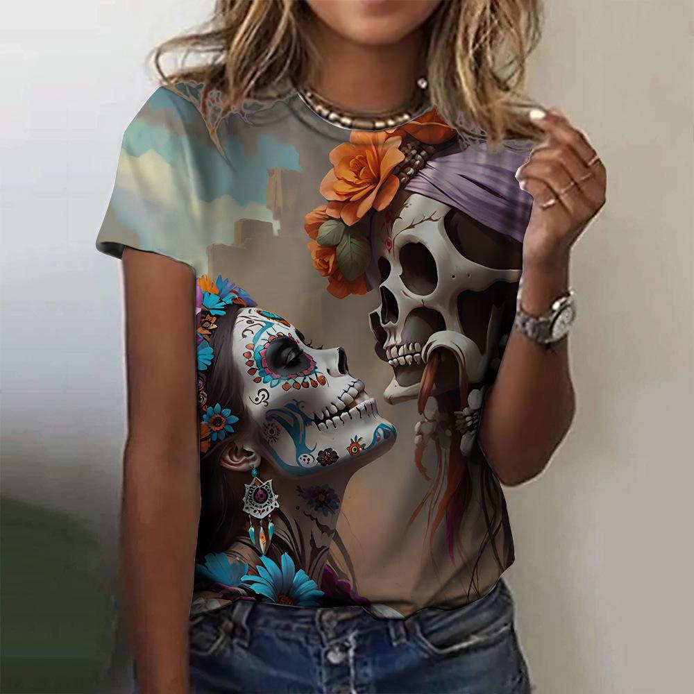 Summer Round Neck 3D Skull Print Top Fashionable Casual Short Sleeved Women's T-shirts