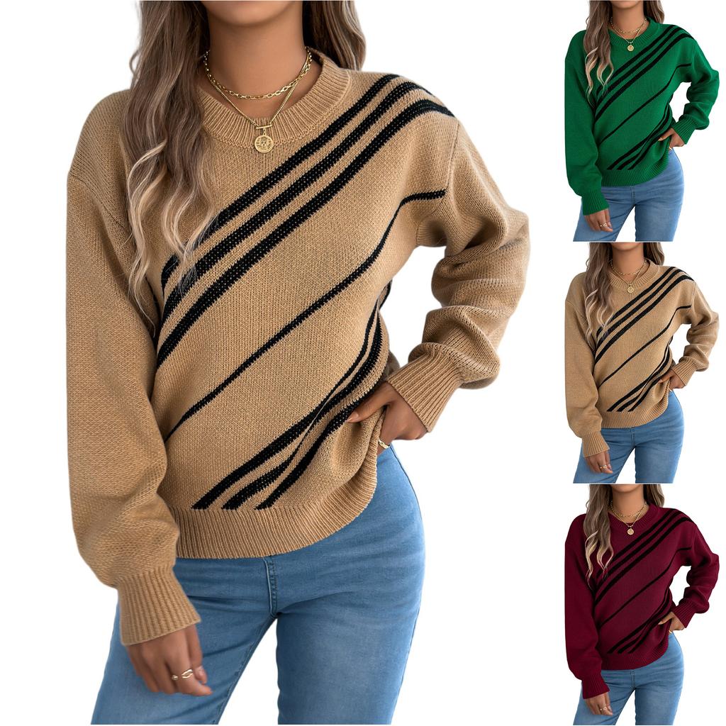 Women's Casual Striped Round Neck  Long Sleeve Pullover Sweater
