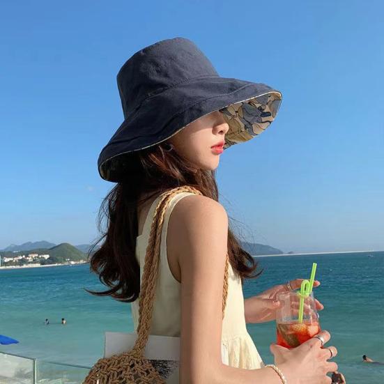 Bucket Hat Reversible Double-Sided Wearable Fisherman Hat with Large Brim Built-In Soft Steel Wire Adjustable Windproof Rope Sun Blocking Hat