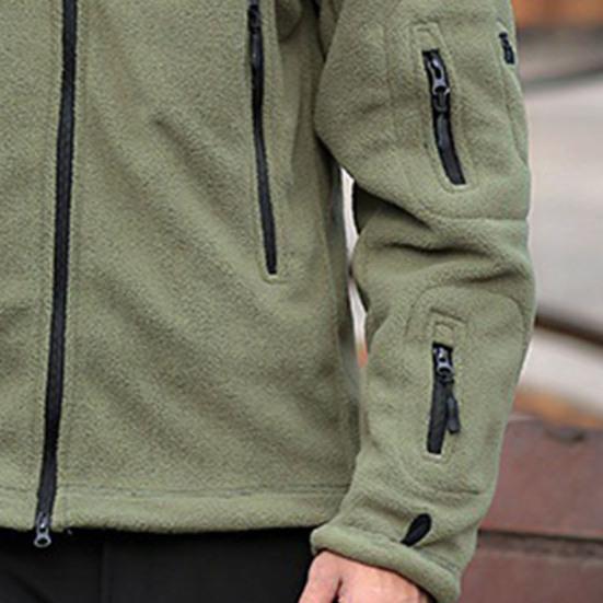 Men Jacket Solid Color Hooded Long Sleeve Fleece Slim Multi Pockets Windproof Hoodie for Outdoor