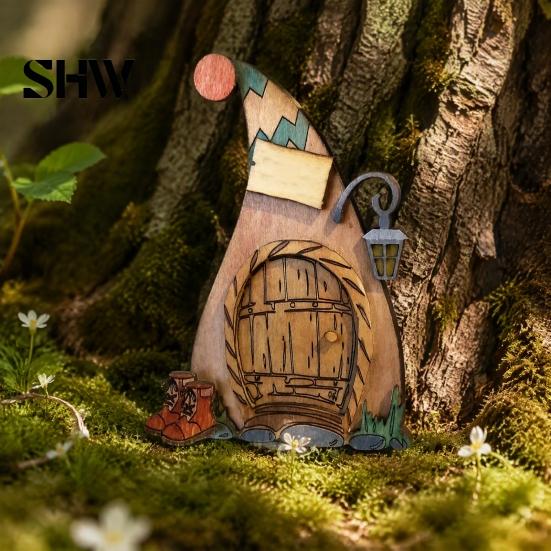 Rustic Pine Wood Craft Wooden Fairy Door Decor, 2D Gnome Elf Ornament, Bunny Mushroom Hand Easter Gift for Kids Painted Craft, House Decoration