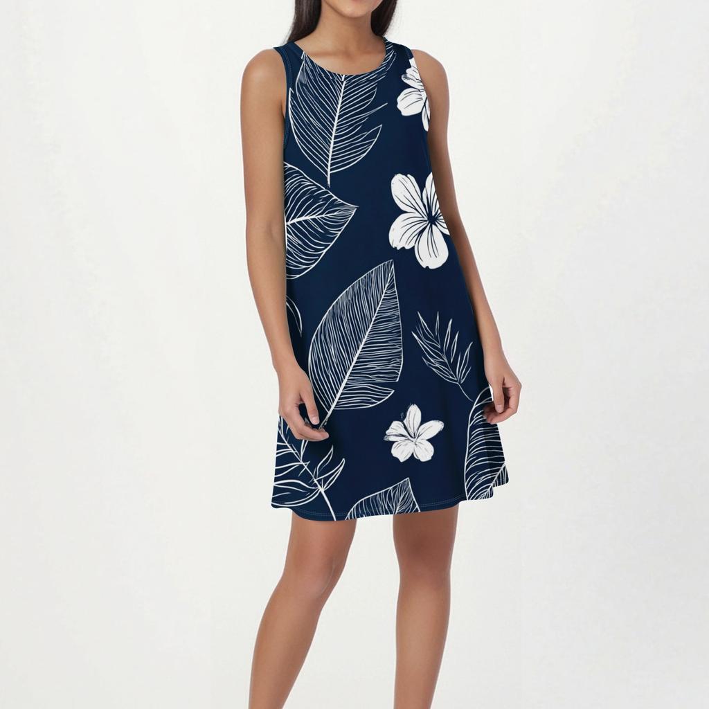 Women's Fashion Beach Dress Sleeveless Round Neck Floral Print Dress