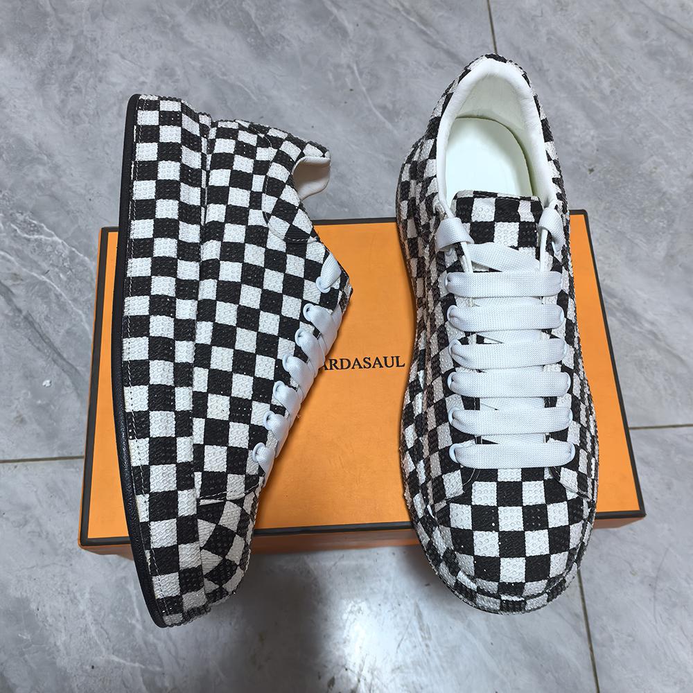 Modne luksusowe sneakersy z cyrkoniami męskie platformowe buty casualowe okrągły nosek sznurowane buty do chodzenia męskie kraciaste kryształowe designerskie sneakersy 8