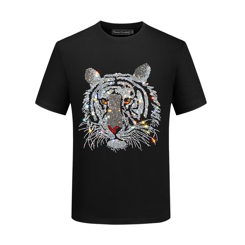 2026 Men's Slim Fit Short Sleeve T-Shirt with Rhinestone Tiger Head Design - Silk Cotton, Trendy, Plus Size Available