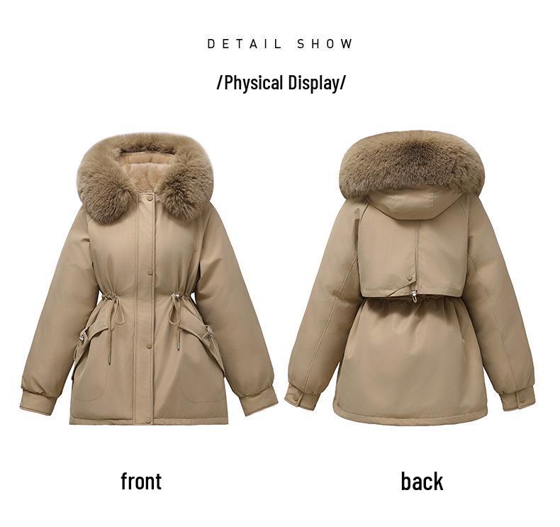Women's Mid-Length Cotton Jacket with Large Fur Collar, Hooded, Winter 2024 Style, Warm Outerwear.