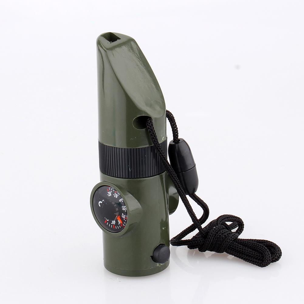 7 in 1 Camping Survival Whistle Kit, Multi-functional Outdoor Tool with LED Flashlight Thermometer Magnifier Mirror, for Hiking Hunting Emerge