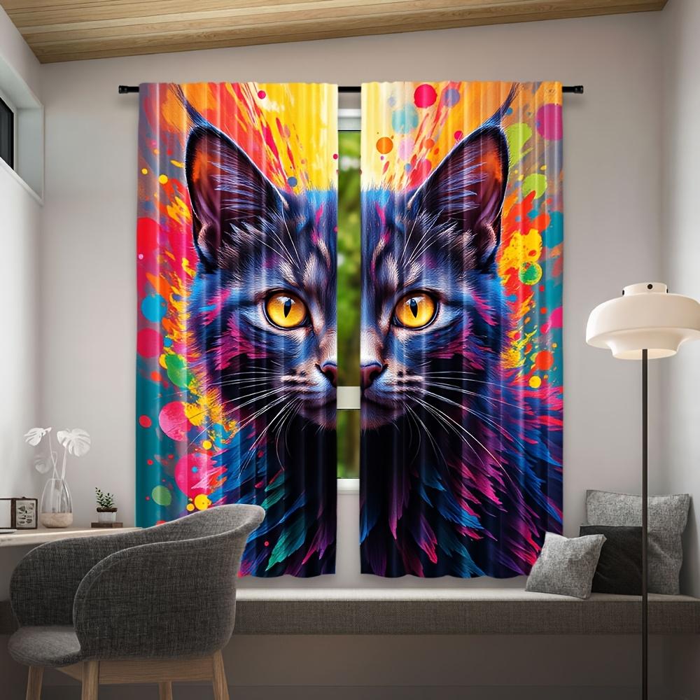 2pcs Vibrant Cat Art Print Curtains - Colorful Abstract Design   Semi-Transparent Polyester   Rod Pocket for Easy Hanging   Perfect