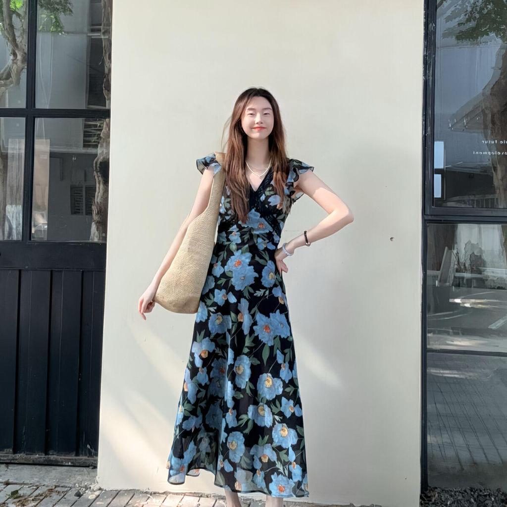2026 Summer French Resort Style Long Floral Dress with Ruffled Sleeves and High Waist