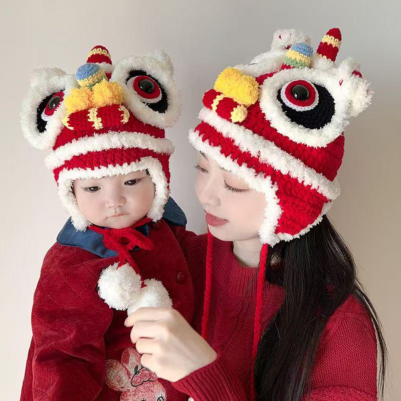 Lion Dance Parent-Child Wool Hat: Cute, Hand-Knitted, Warm Tiger Head for Autumn & Winter, Child & Adult Sizes.