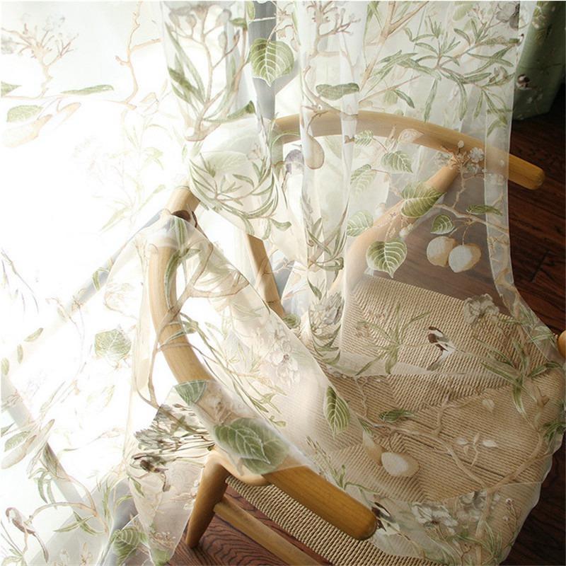 Amerikaans Katoen en Linnen Semi Verduisterend Gordijn met Vogel- en Bloempatroon Groene Raambekleding Voor Woonkamer Slaapkamer Op Maat 1Piece W100xH180 CM&Rod Pocket Process
