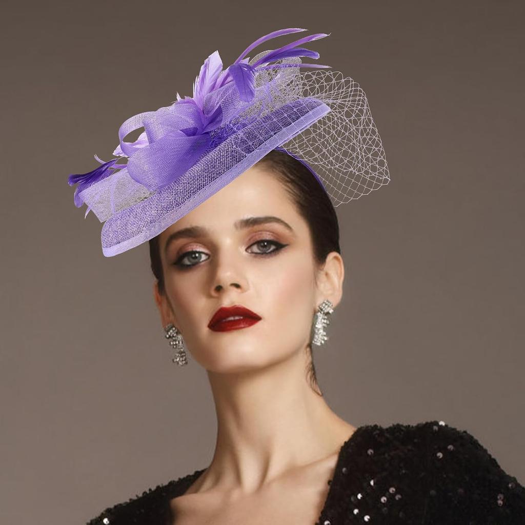 FRCOLOR Purple Mesh Decorative Hat with Floral Accent, Bridal Hair Accessory, Wedding Headpiece for Women, Special Occasion Headdress for Tea Parties