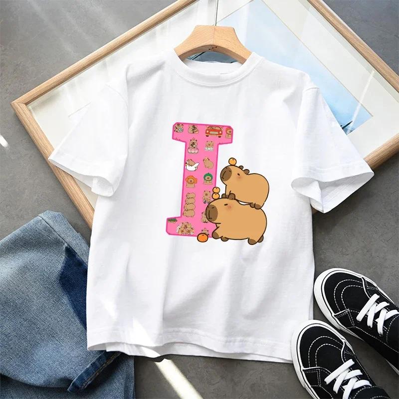 Cute Cartoon Capybara Kids Tshirt AZ Letter Cotton Short Sleeve Tee Shirt for Girls Summer Child Summer Tops Gifts 100