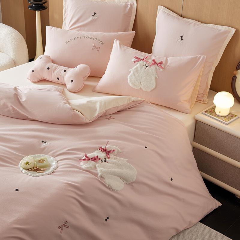 Class A 100% Cotton Brushed 4-Piece Autumn/Winter Bedding Set: Thickened Duvet Cover, Bed Sheet, Fitted Sheet, Cartoon Design