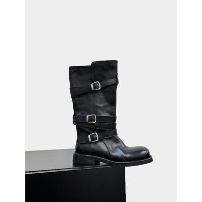Rindslederversion dicker Absatz dicke Sohle Wickelgürtelschnalle mittelhohe Stiefel echtes Lederstiefel Damen Westernstiefel vielseitige Ritterstiefel
