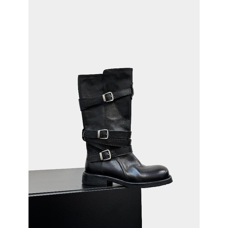 Cowhide version thick heel thick sole wrap-around belt buckle medium boots genuine leather boots women's western boots versatile knight boots