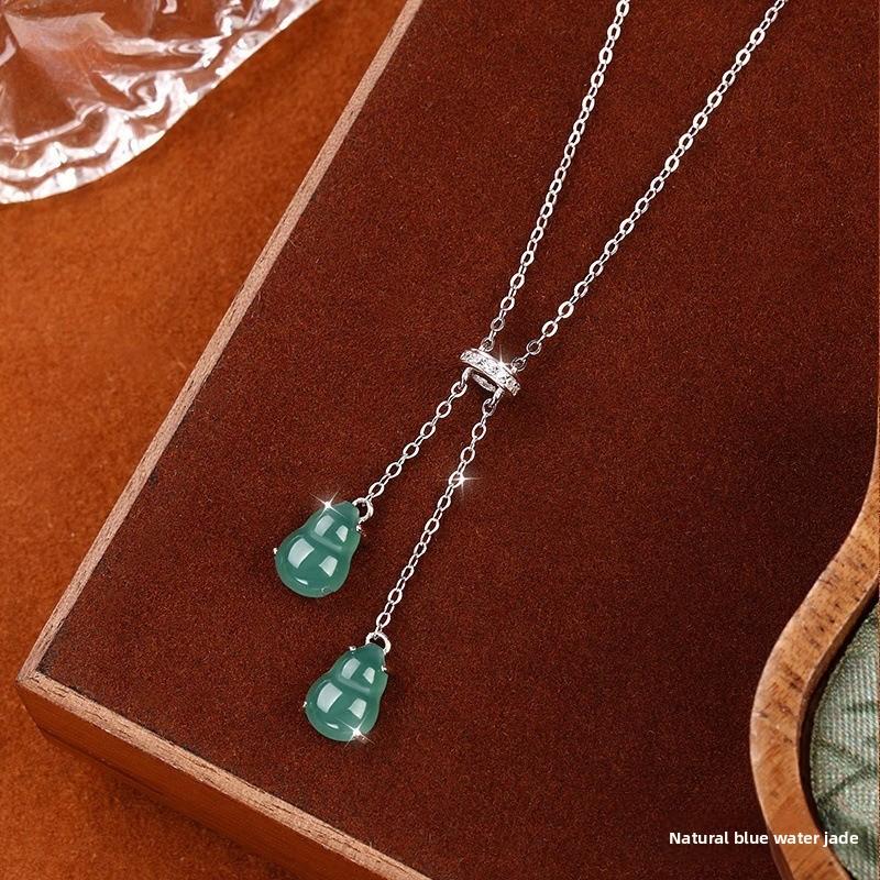 New Chinese Style Natural Blue Water Jadeite Double Gourd Pendant S925 Pure Silver Necklace for Women, Premium Clavicle Chain