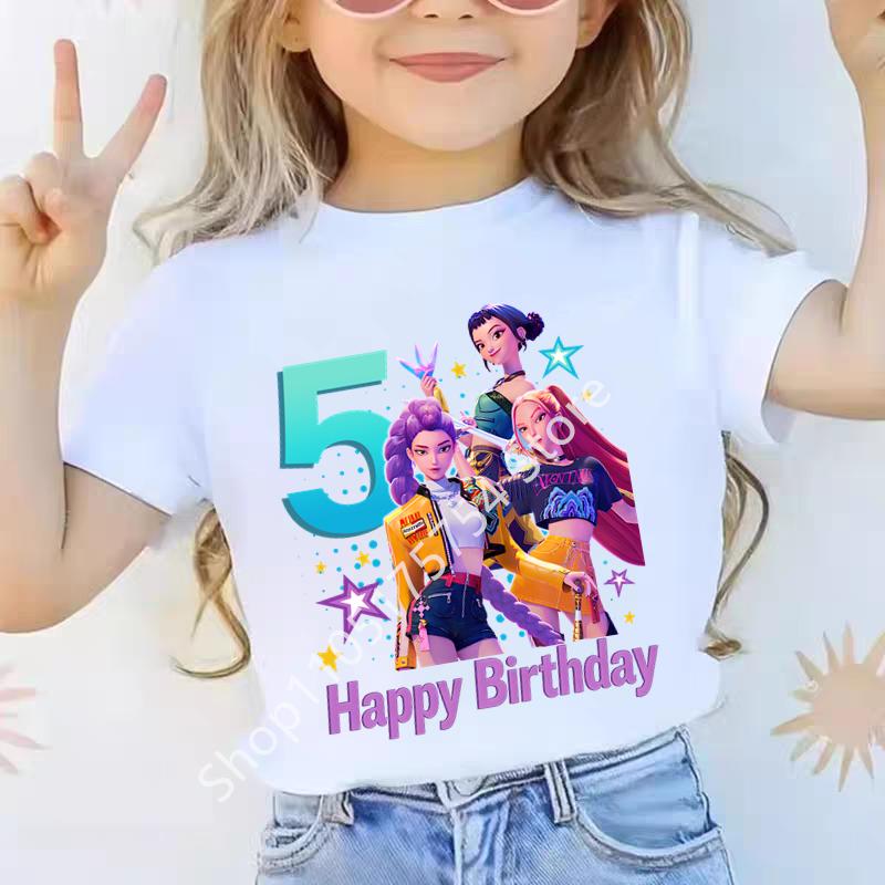 New Children's K-POP Demon Hunter Cartoon Birthday Number Print T-Shirt Girls' Short Sleeve Top