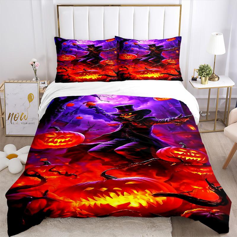 3pcs Halloween Pumpkin Lanterns Duvet Cover Set - Machine Washable, Includes 1 Cover and 2 Pillowcases, No Core Included yy251013020